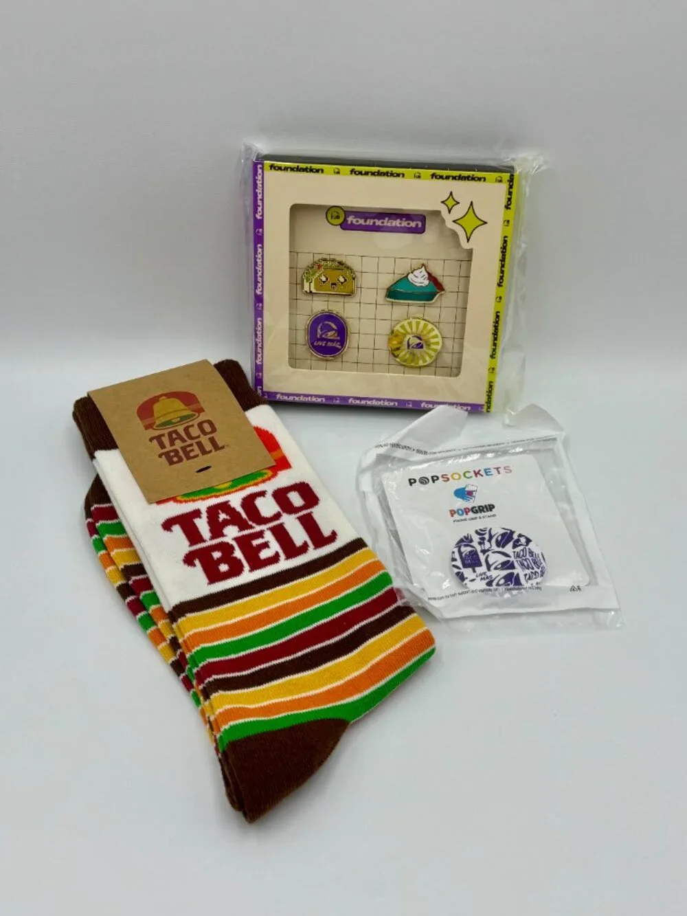 Taco Bell Themed Socks, Pop Socket and Pins Bundle